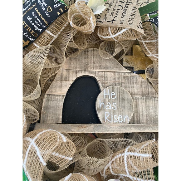 Wooden Christian He is Risen From the Tomb Sign Deco Mesh Ribbon Easter wreath - Picture 2 of 10